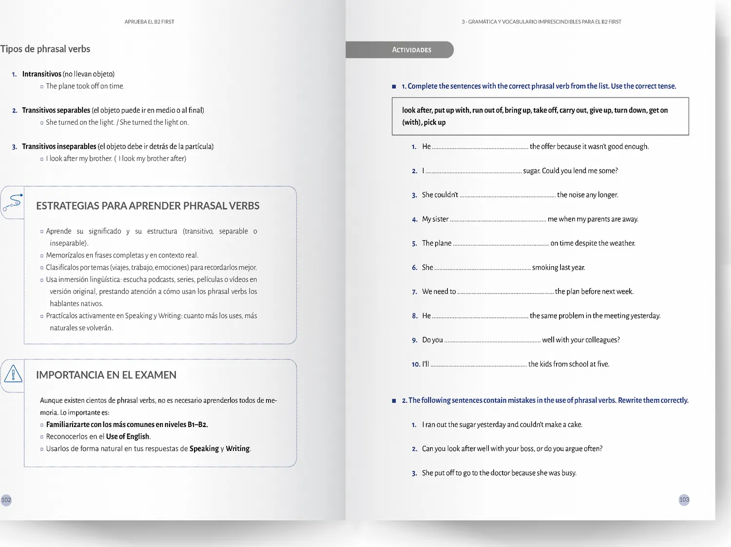 Páginas sobre tipos de phrasal verbs, con estrategias de aprendizaje y actividades
