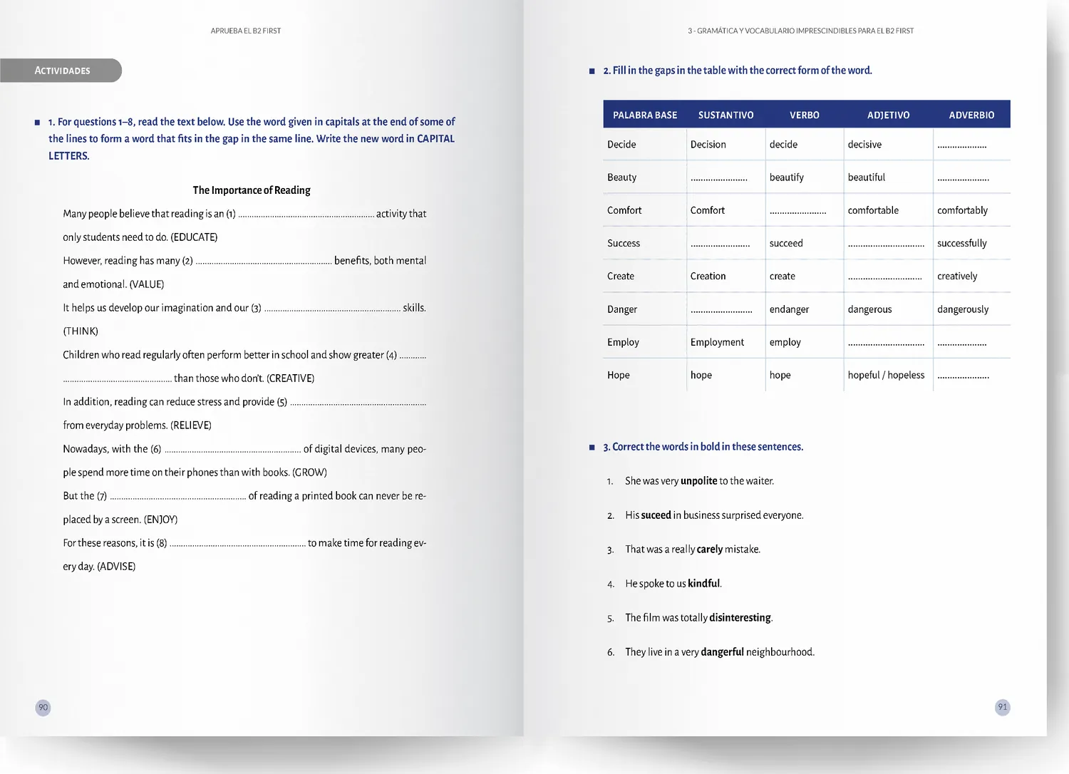 Actividades de word formation con tabla de palabra base, sustantivo, verbo, adjetivo y adverbio